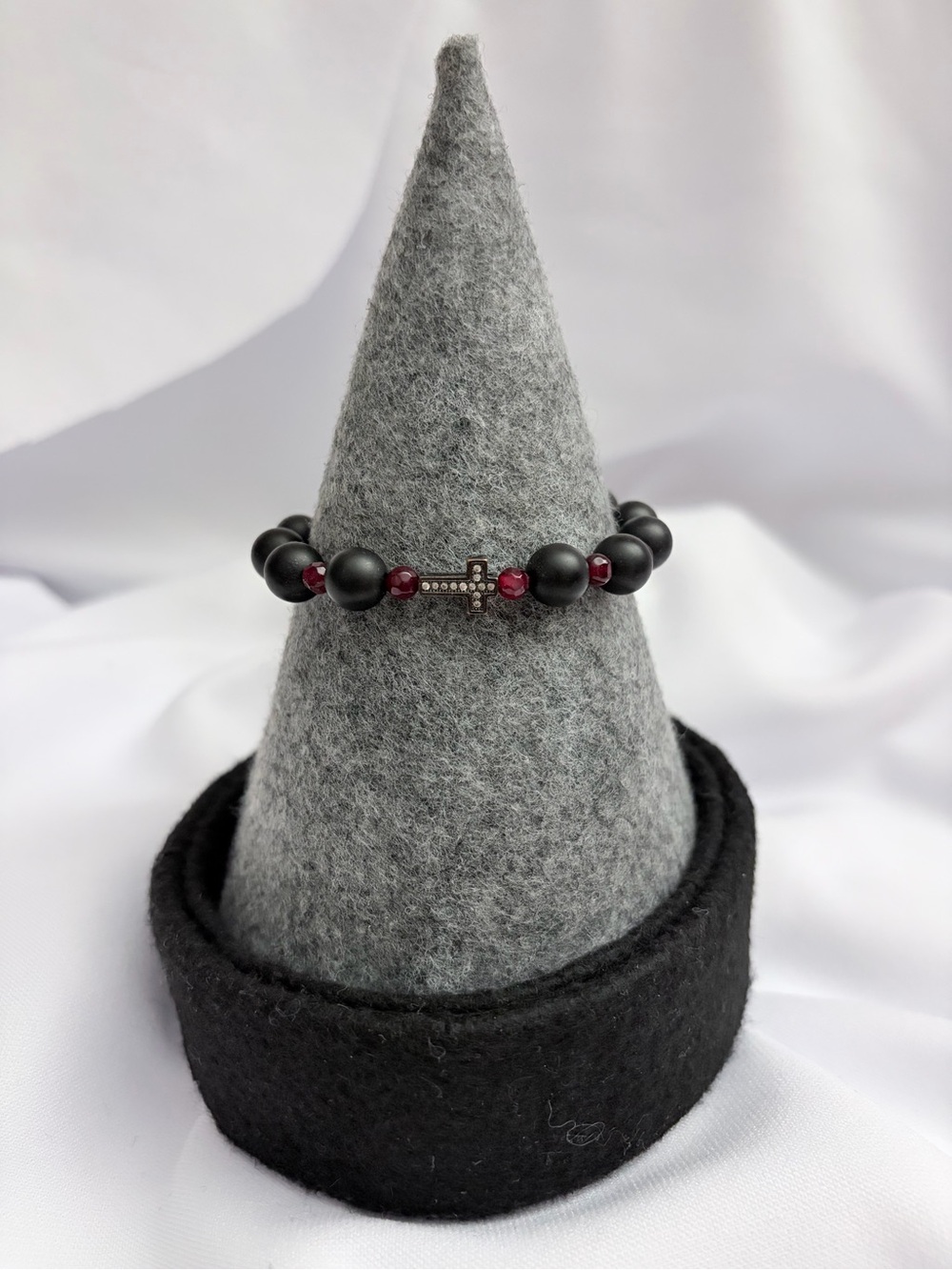 Matte Black Bead Bracelet with Burgundy Accents and Cross Charm